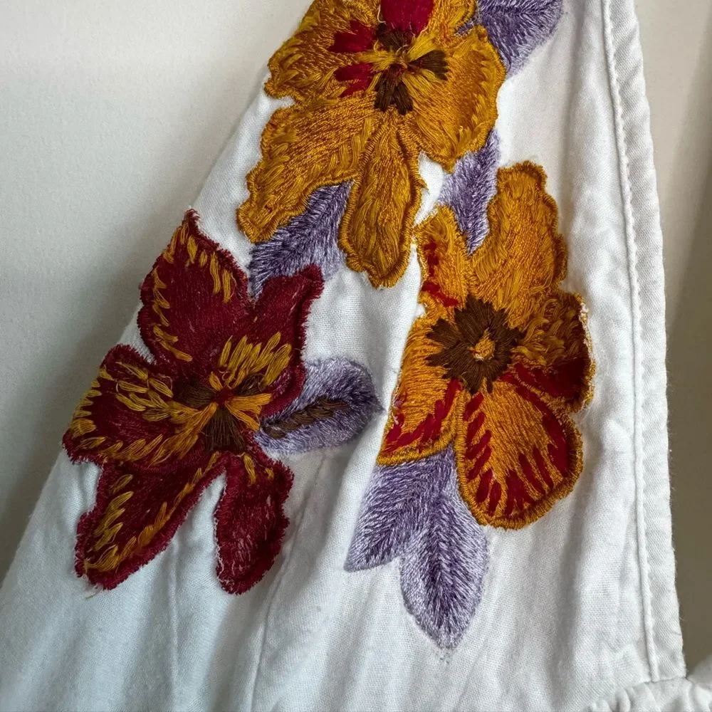 Free People White Mini Dress with Floral Embroidery Medium